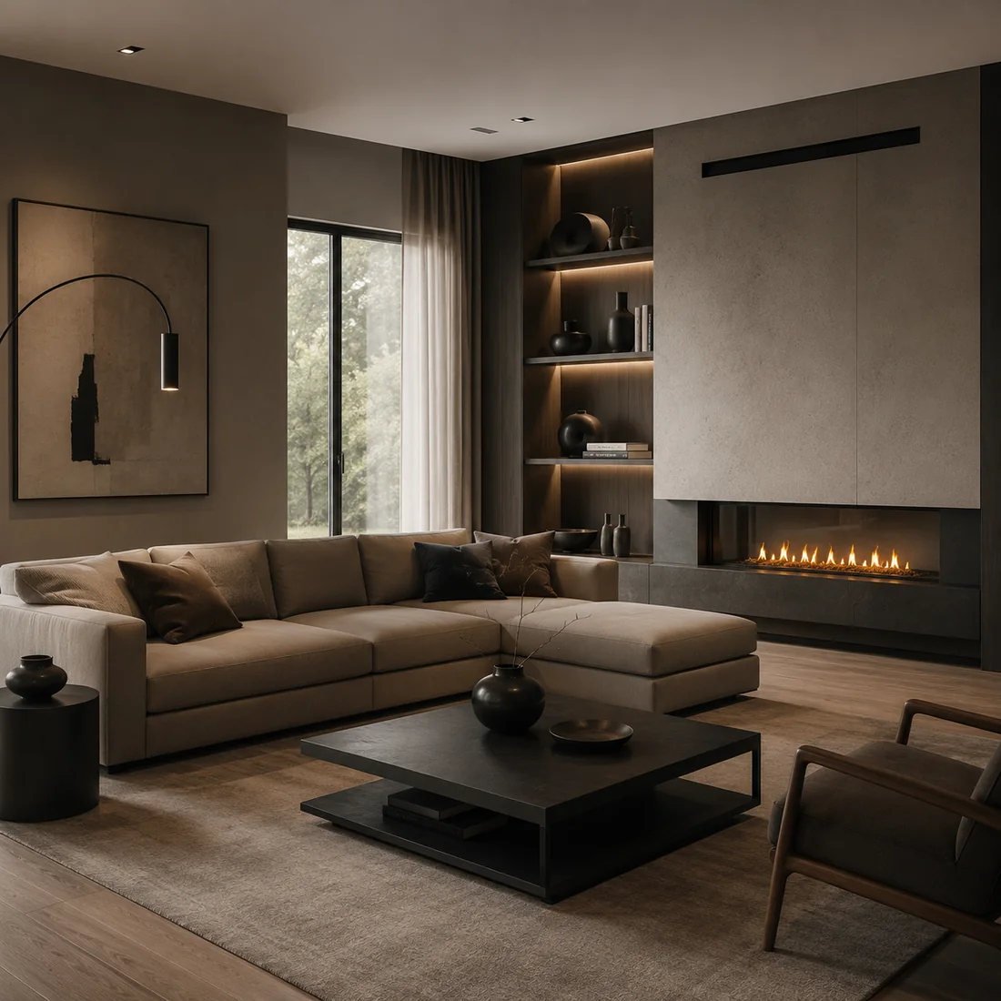 Intérieur sombre et sophistiqué en brun, taupe et noir mat
