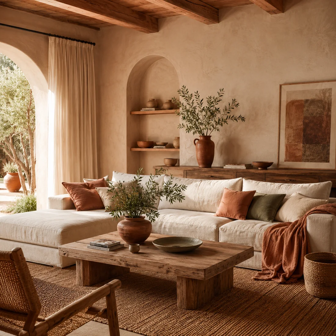 Intérieur naturel et apaisant aux tons sable et terracotta
