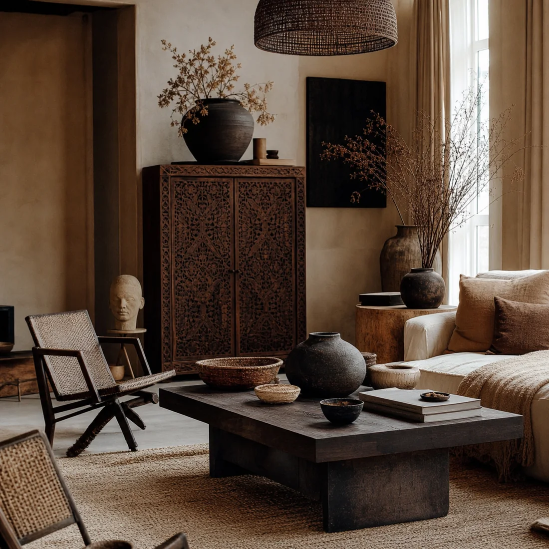 Intérieur bohème chic en fibres naturelles et céramiques
