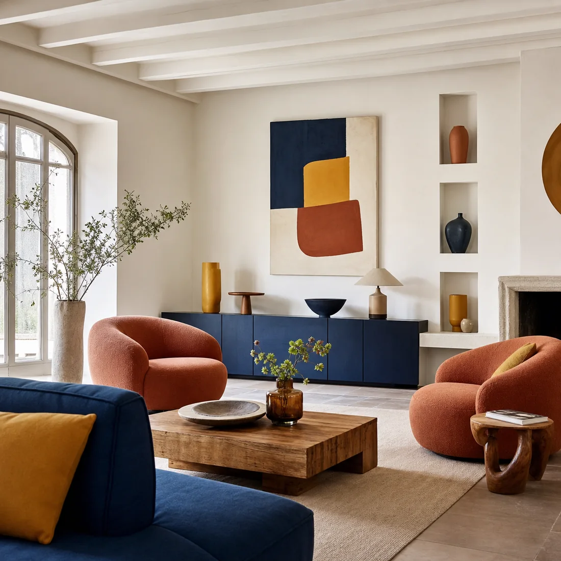 Intérieur contemporain coloré bleu, terracotta et safran