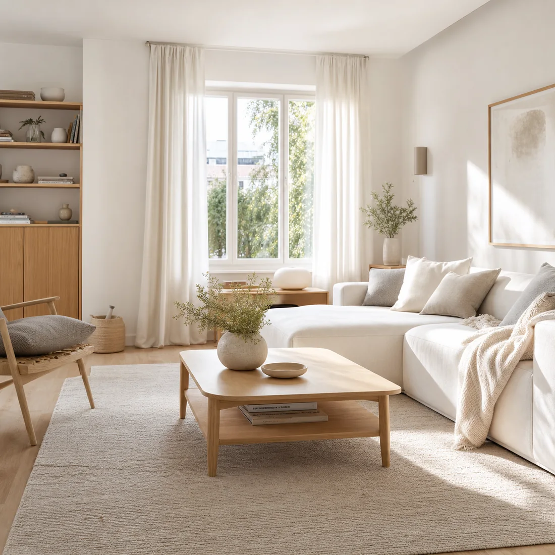 Séjour scandinave lumineux en bois blond et textiles naturels