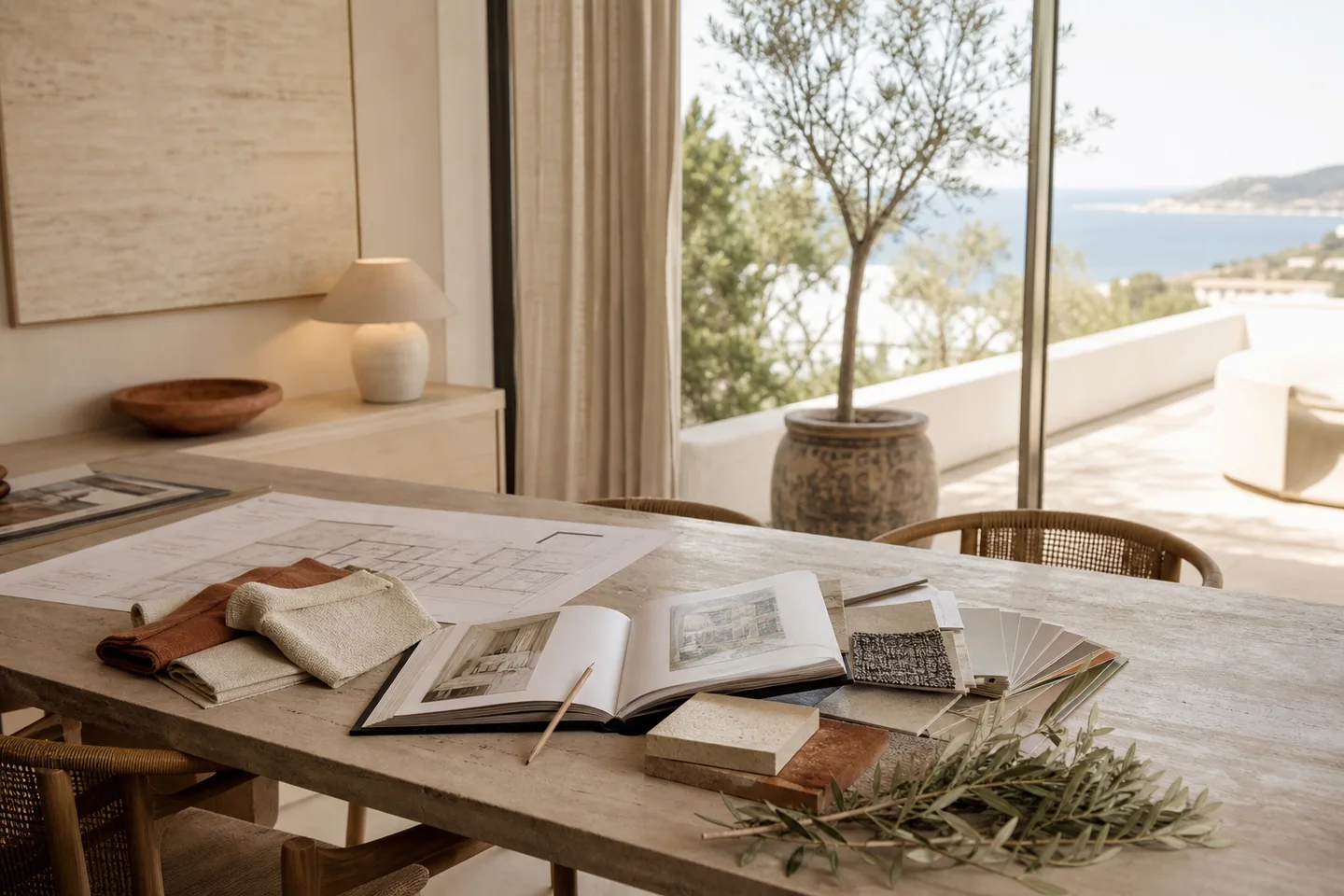 Table de consultation avec plan, carnet et échantillons dans un intérieur méditerranéen lumineux