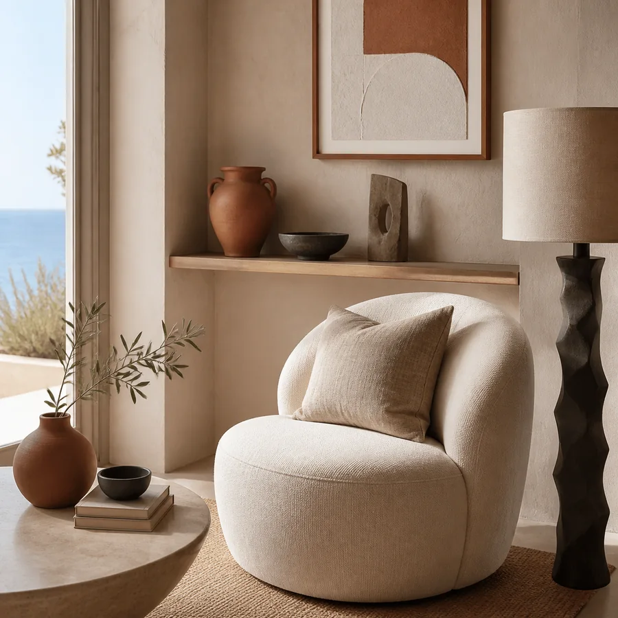 Coin lecture méditerranéen harmonisé avec fauteuil courbe et objets décoratifs