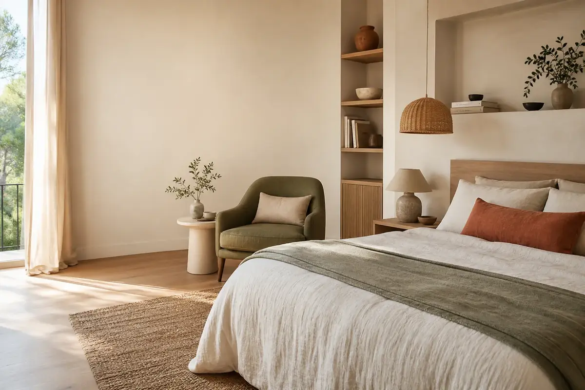 Projection d’une chambre chaleureuse en lin, bois naturel, olive et terracotta