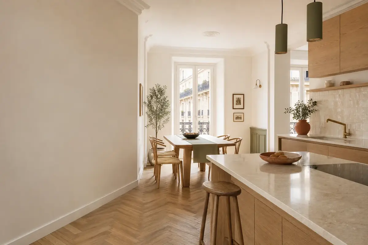 Projection d’une cuisine rénovée avec du chêne clair, des tons crème et des accents olive