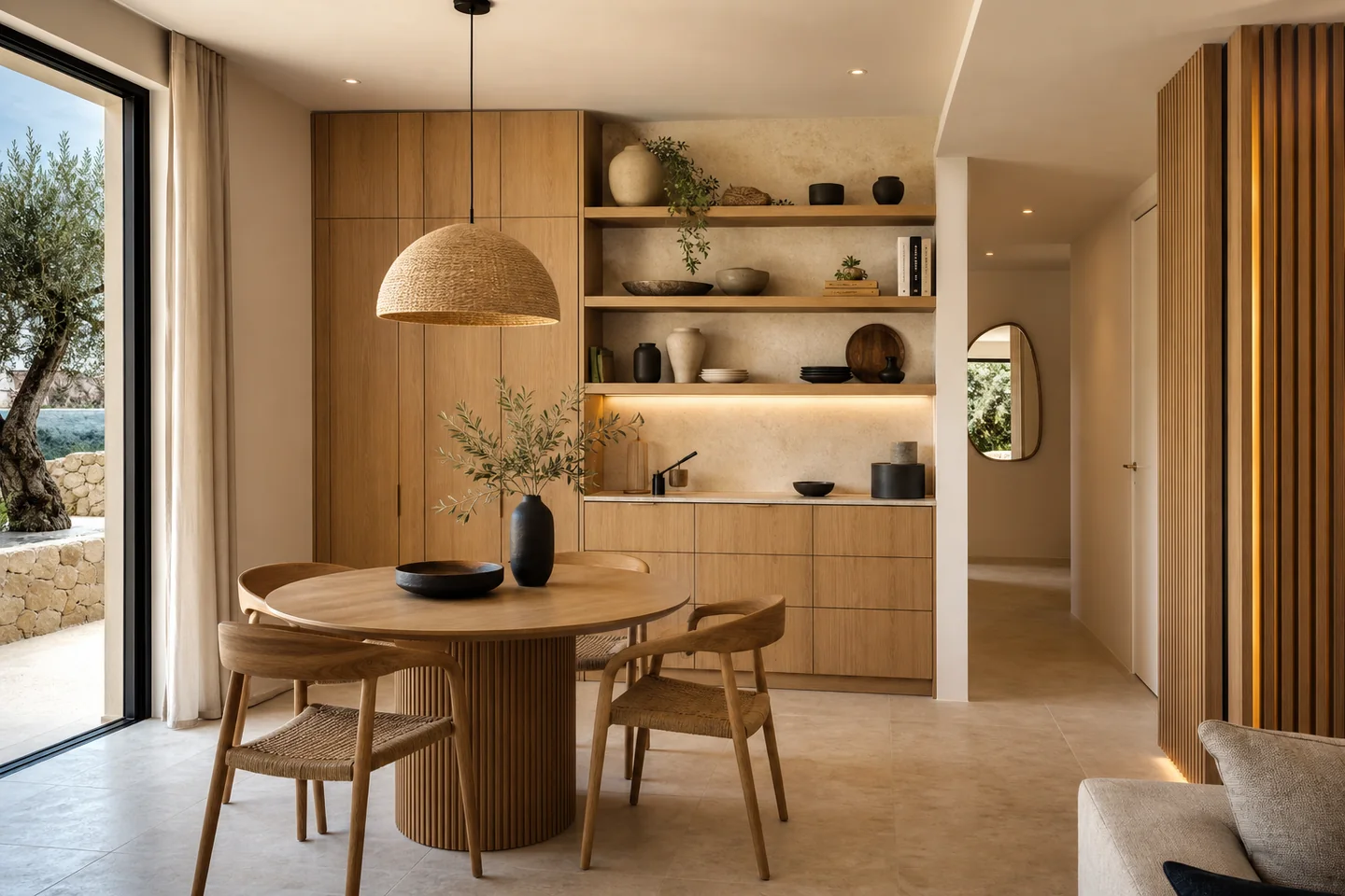 Salle à manger optimisée avec rangements en chêne clair et circulation fluide