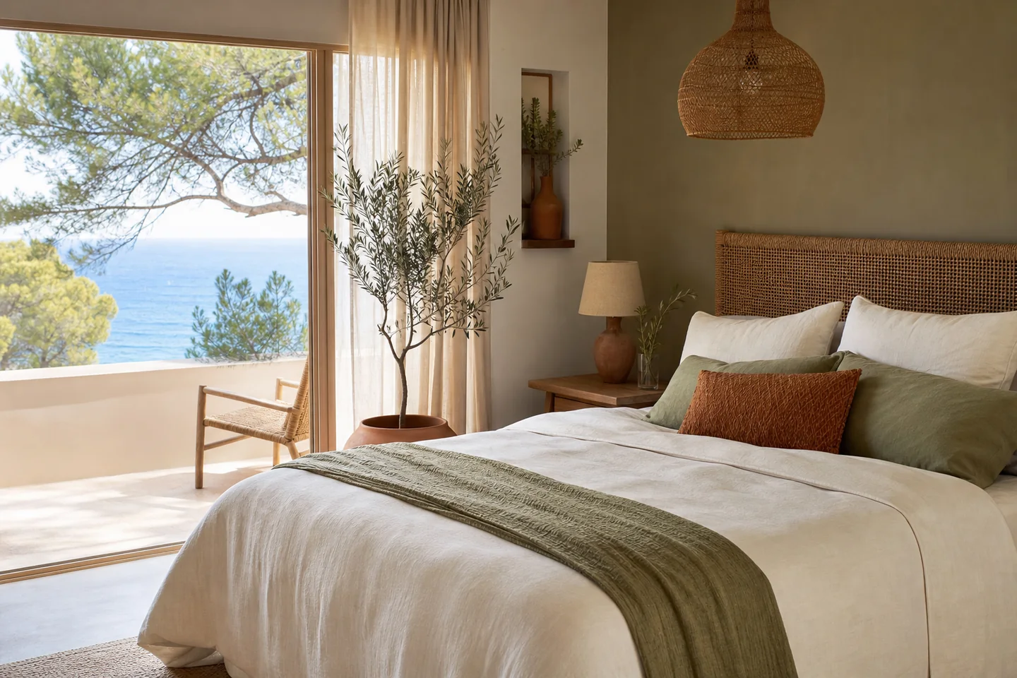 Chambre côtière accueillante valorisée par des matières naturelles, l’olive et la terracotta