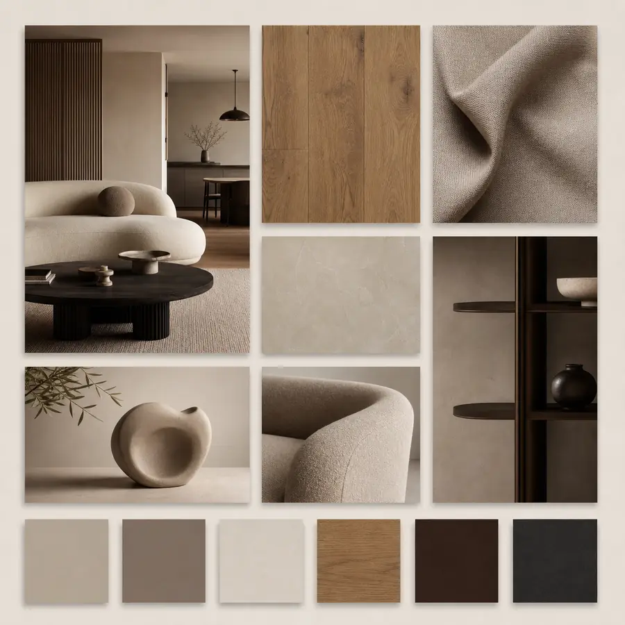Exemple de palette contrastée : greige, brun, bronze et anthracite