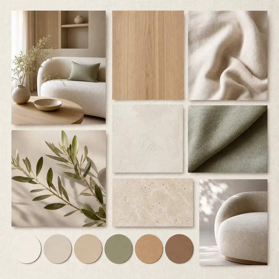 Exemple de palette claire : bois, lin, sauge et tons minéraux