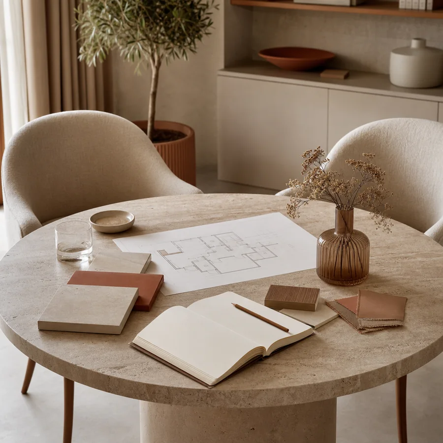 Table de consultation préparée pour écouter et cadrer un projet intérieur