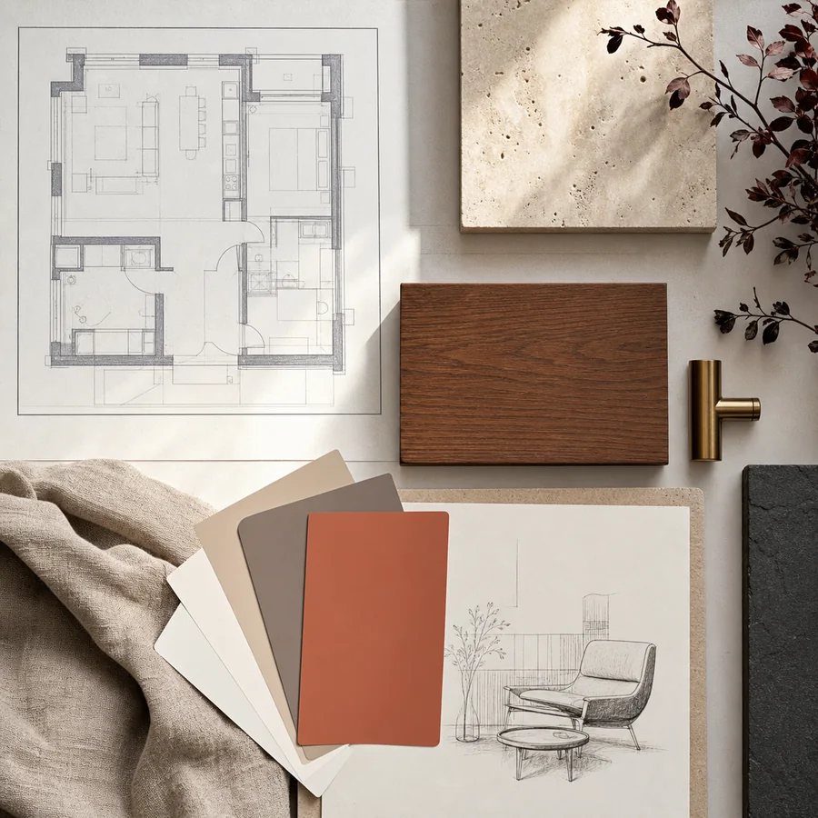 Plan, matériaux et palette réunissant réflexion technique et décoration